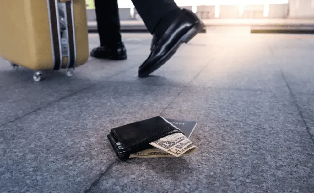 Wallet with a money and passport lying on the sidewalk and feet walking way with suitcase